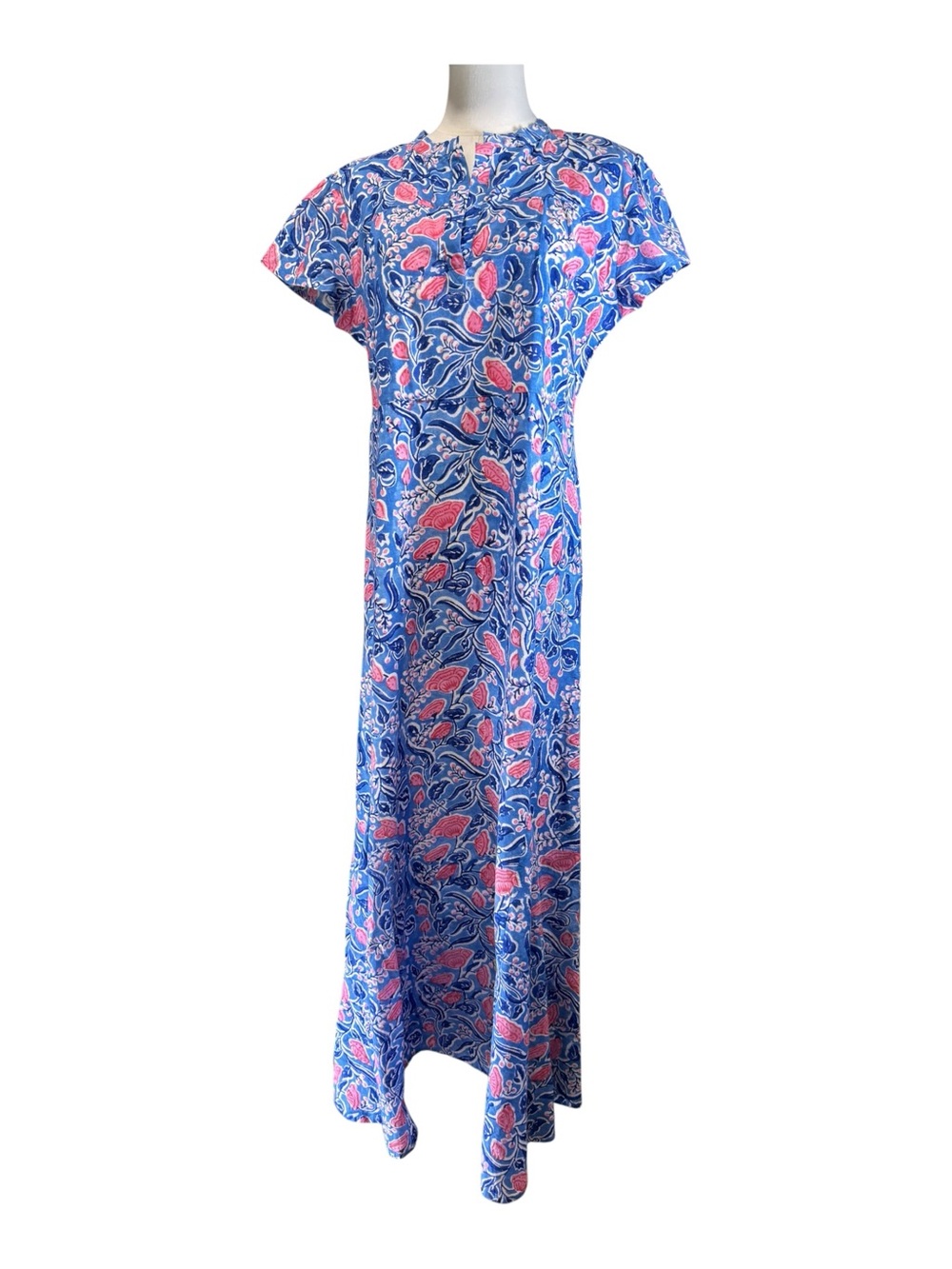 Madison Mathews Blue Pink Floral Cotton Hand Block Print Maxi Dress Large EUC